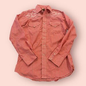 Vintage SEARS Western Wear Shirt Mens Size 15.5-34 Red Check Pearl-Snap Western